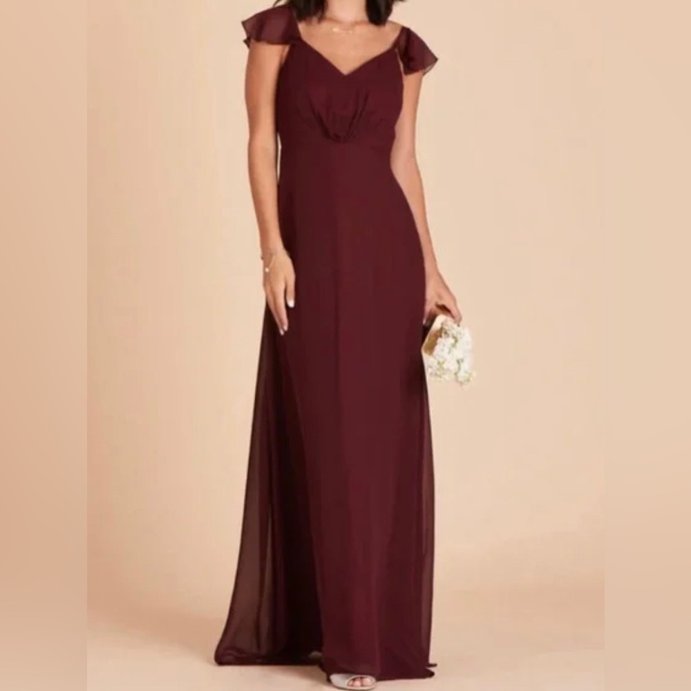 Birdy Grey NWT Kae Ruffle Cap Sleeve Chiffon Long Bridesmaid Dress Cabernet XS